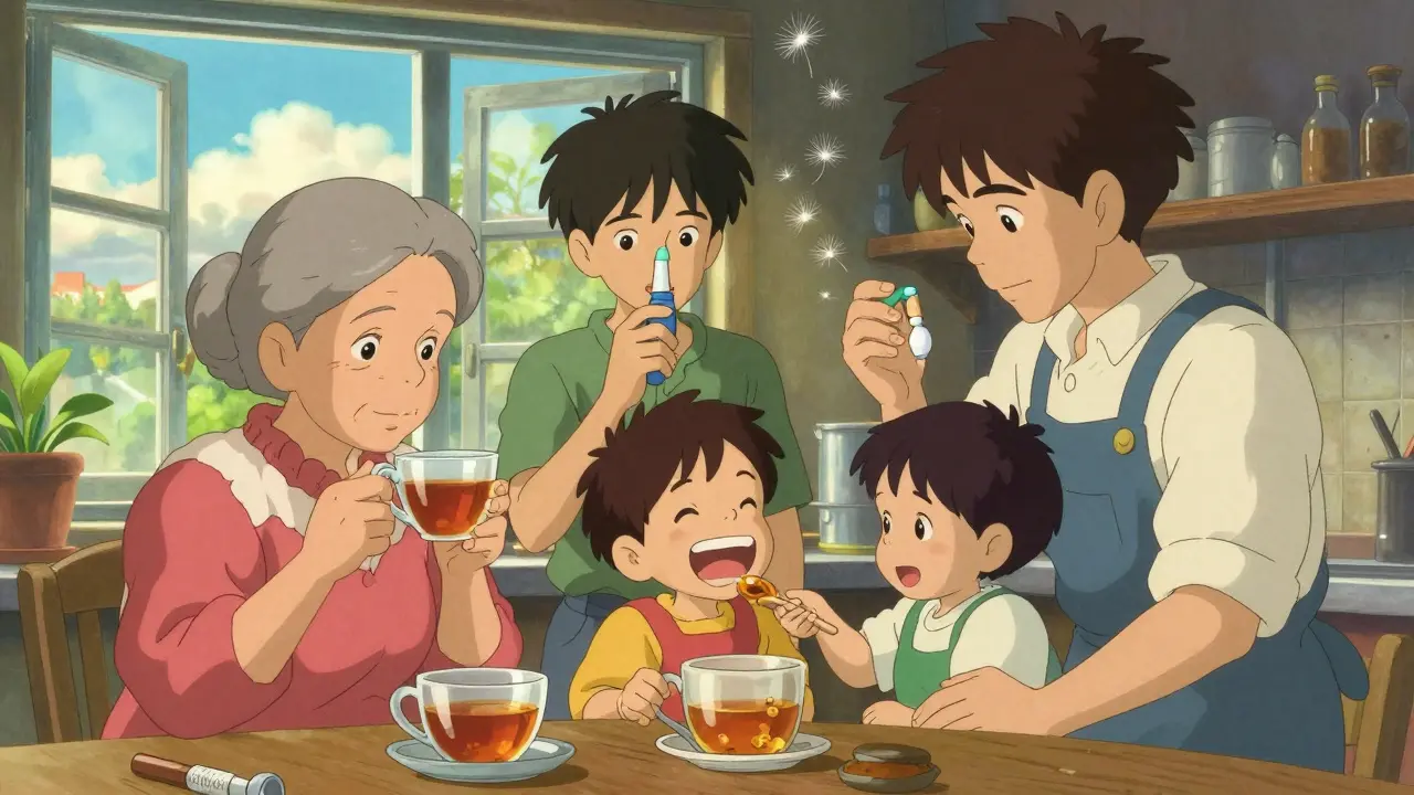 Une famille dans une cuisine ensoleillée utilisant des remèdes naturels pour soulager un rhume, dans un style Studio Ghibli.