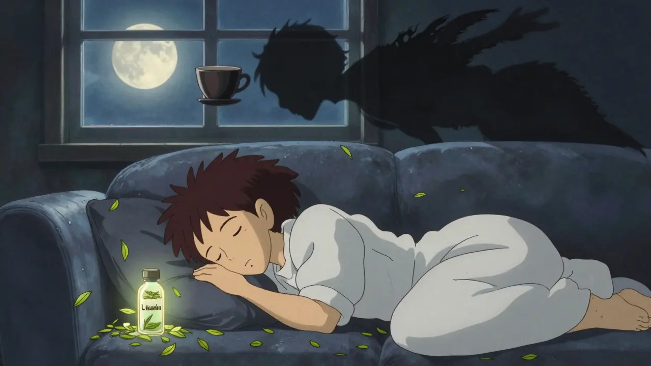 Une personne endormie entourée de feuilles de thé et d'une fiole de L-théanine, ambiance paisible sous la lune.