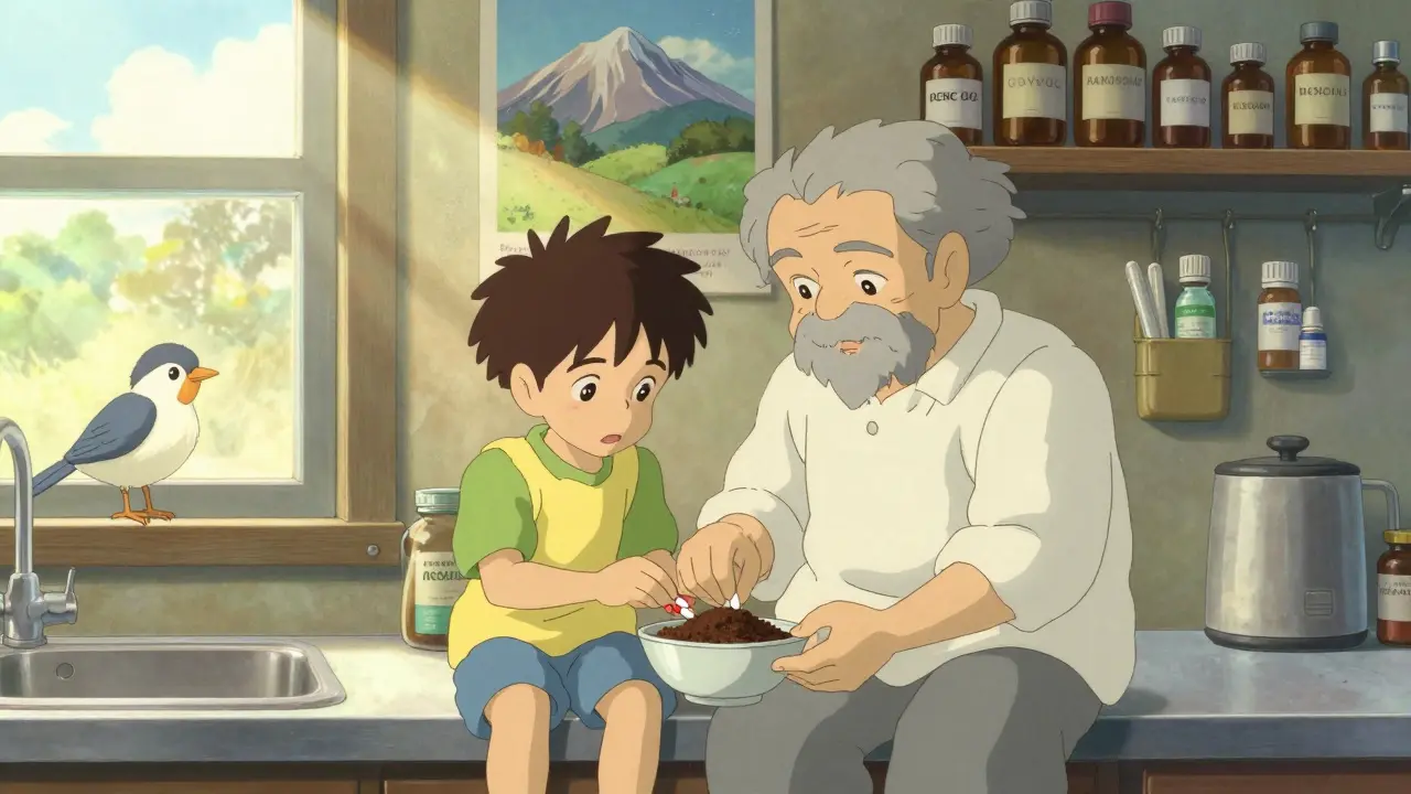 Une personne mélangeant des comprimés avec du marc de café dans un bol, près d'une fenêtre ensoleillée.