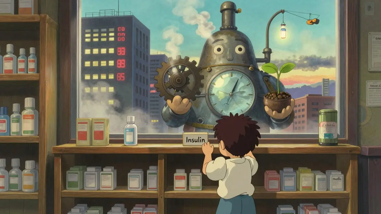 Une pharmacie petite mais chaleureuse, un enfant regarde une étagère vide, un esprit-usine observe en silence.