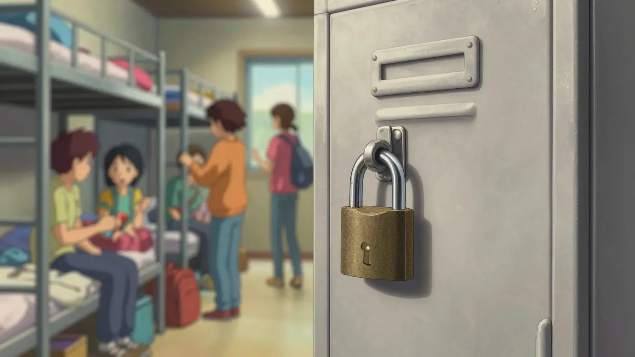 Boîte de rangement sécurisée avec cadenas dans un dortoir d'auberge de jeunesse.