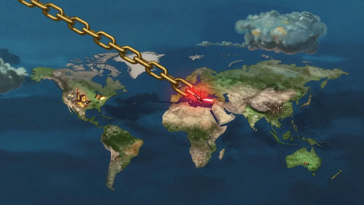 Chaîne d'approvisionnement mondiale stylisée avec un maillon brisé.