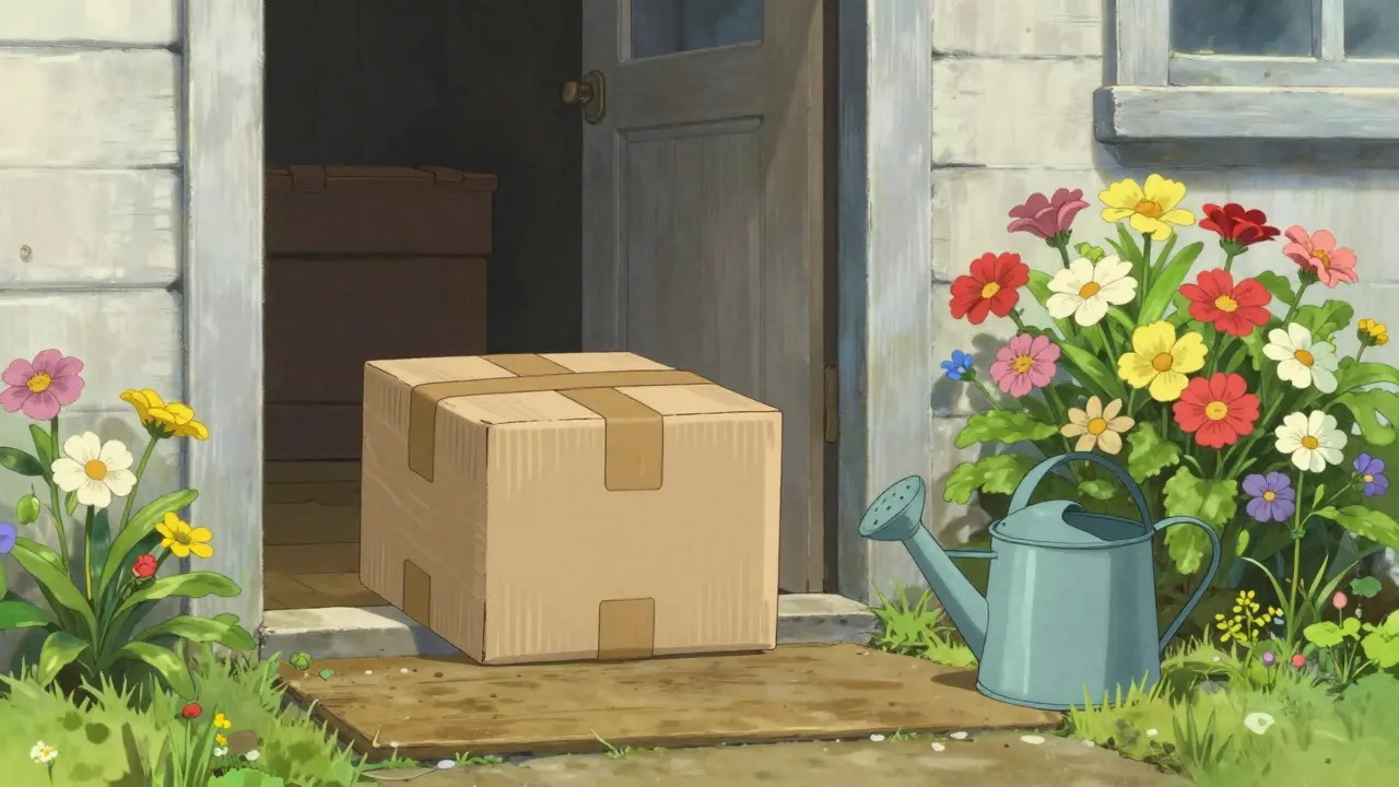 Colis de pharmacie livré devant une porte entourée de fleurs printanières.