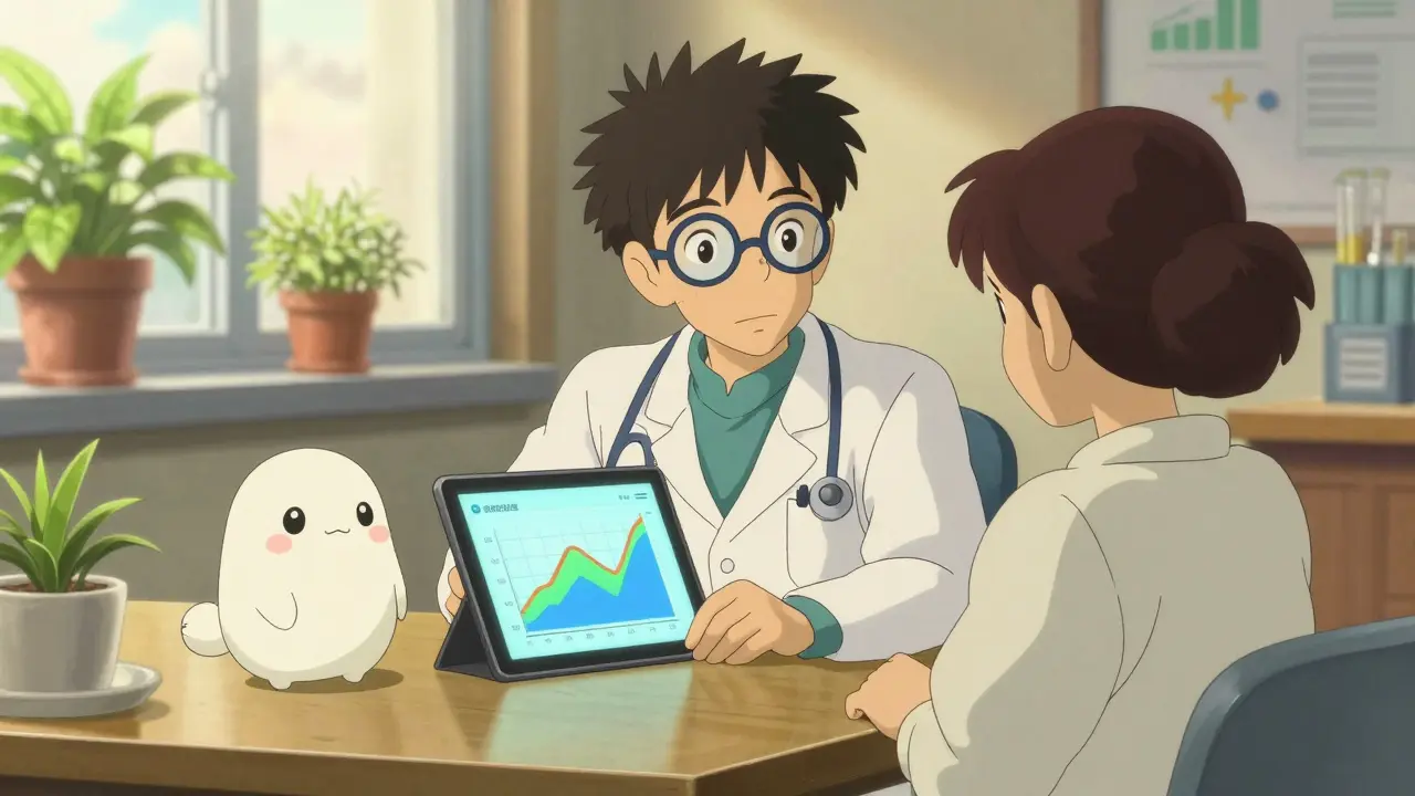 Consultation médicale bienveillante avec un graphique de santé dans un style anime.