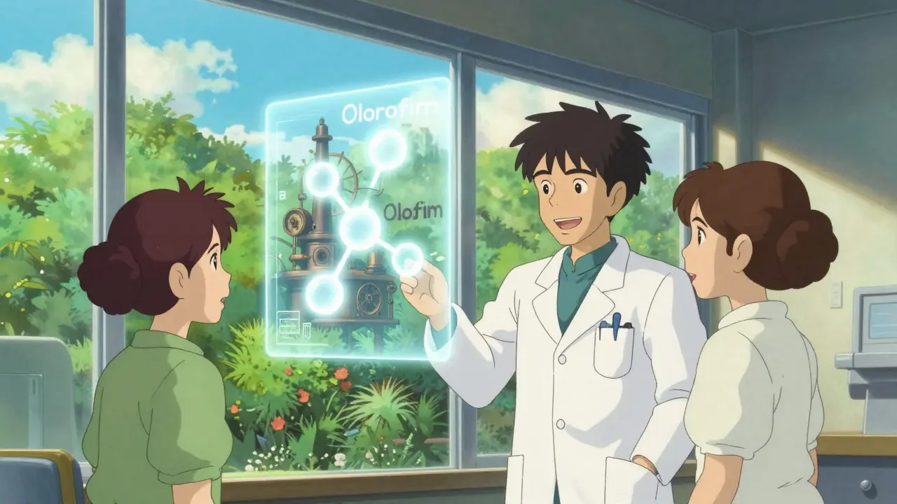 Consultation médicale optimiste avec un nouveau médicament sûr représenté par une molécule lumineuse.