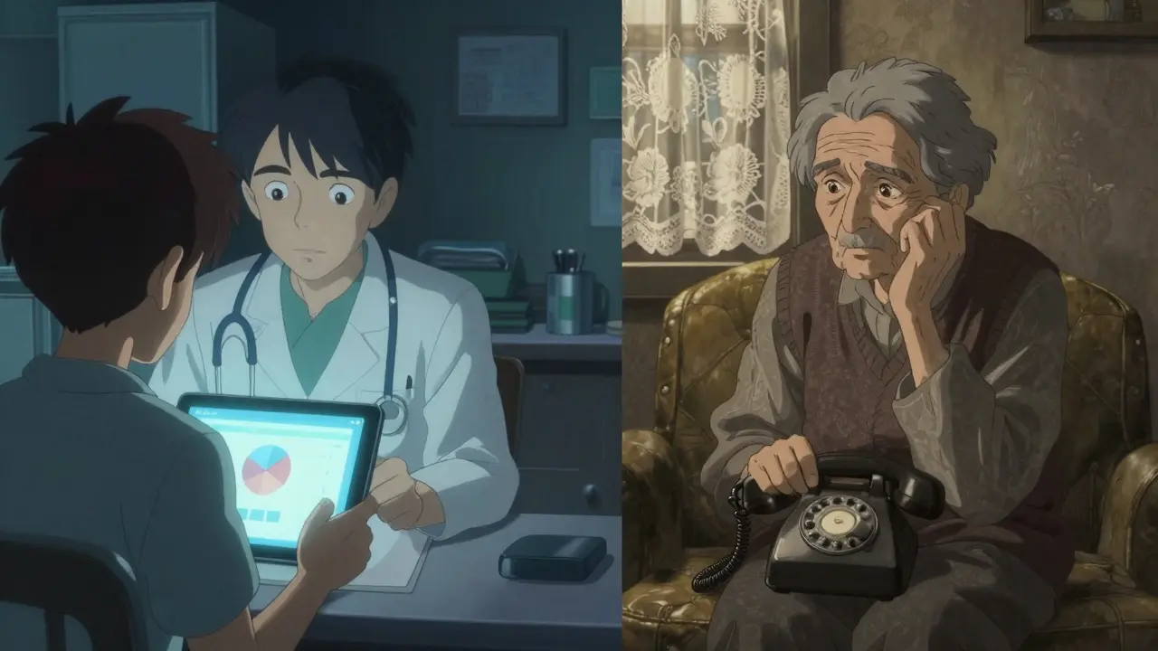 Contraste entre une consultation médicale numérique et une personne âgée isolée.