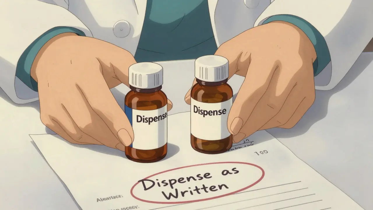 Gros plan sur des médicaments et une ordonnance avec la mention Dispense as Written