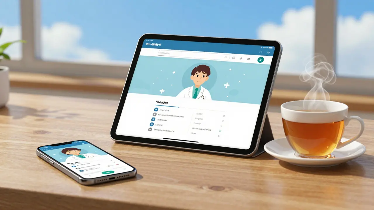 Interface de télémédecine sur une tablette posée sur un bureau en bois.