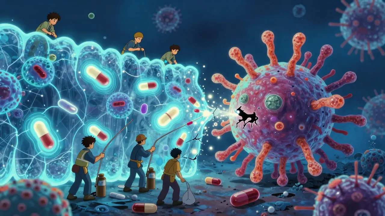 Molécules d'antibiotiques détruisant la paroi d'une bactérie colorée.