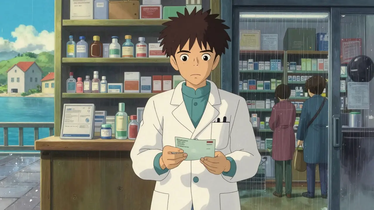 Pharmacien hésitant entre deux environnements urbains et côtiers symbolisant des lois différentes