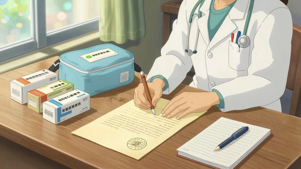 Préparation minutieuse de médicaments et documents médicaux sur une table en bois.