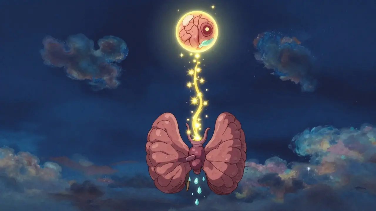 Représentation magique du cycle hormonal entre l'hypophyse et la thyroïde.