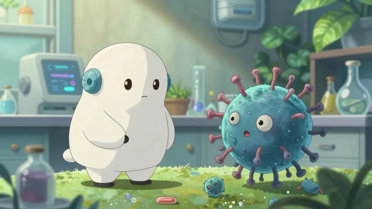 Scientifique observant un bactériophage et un antibiotique cheval de Troie.