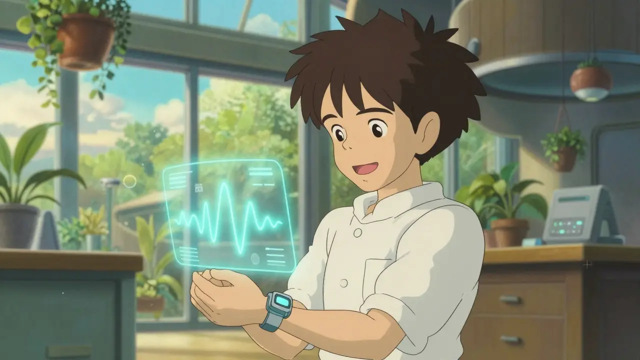 Un patient portant un biosenseur futuriste brillant dans une clinique moderne et lumineuse.