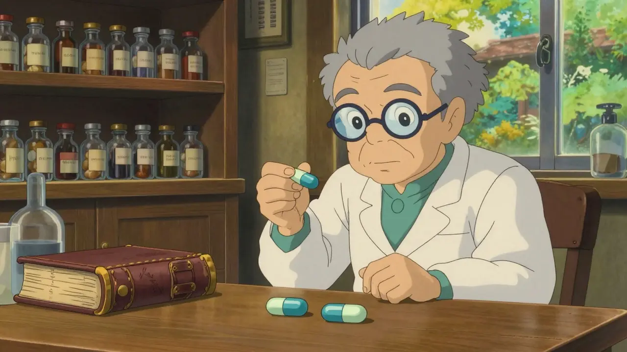 Un pharmacien examinant attentivement deux médicaments similaires dans un laboratoire chaleureux.