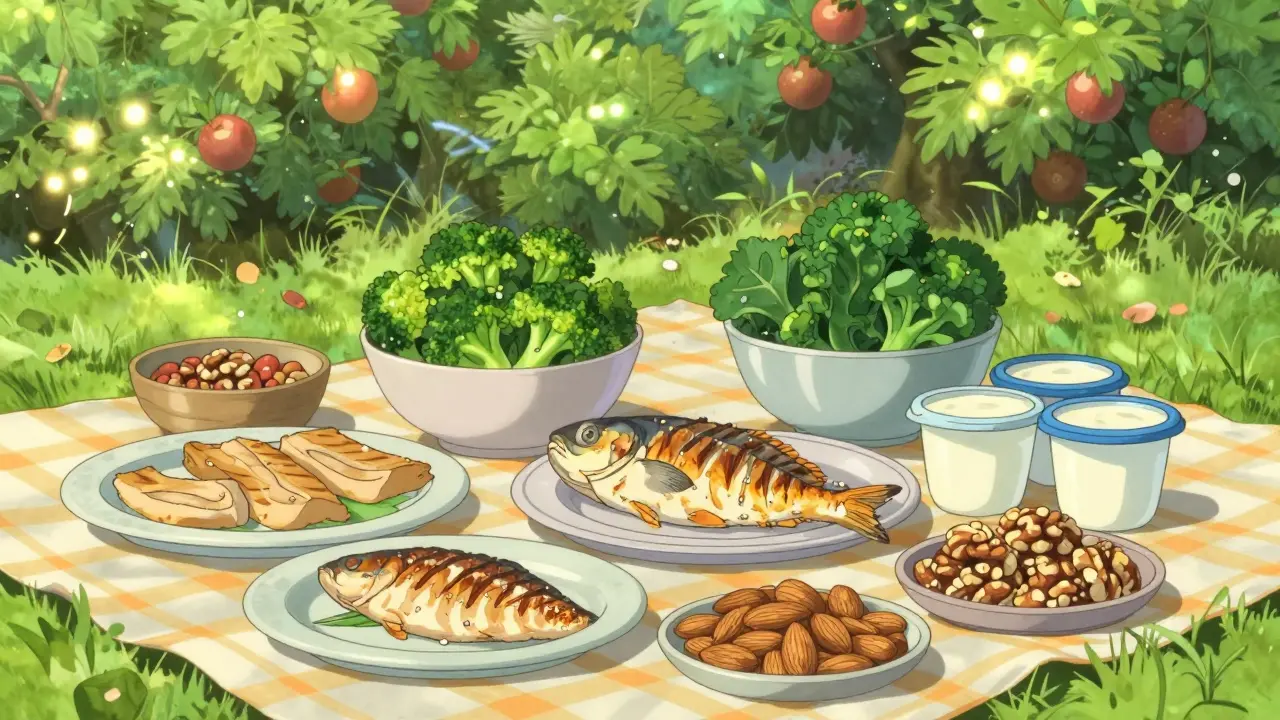 Un tapis de pique-nique avec poisson, yaourt et noix dans un jardin.