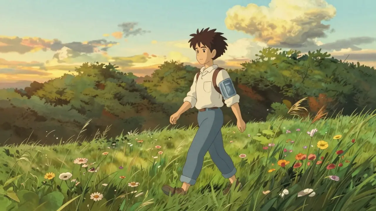 Une silhouette relaxée marchant dans un parc verdoyant au coucher du soleil.