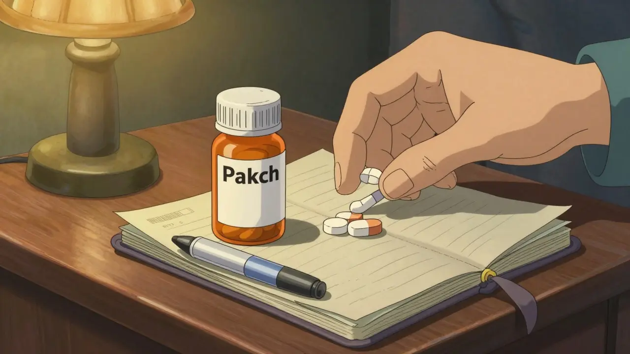 Vérification minutieuse de flacons de médicaments sur une table de nuit.