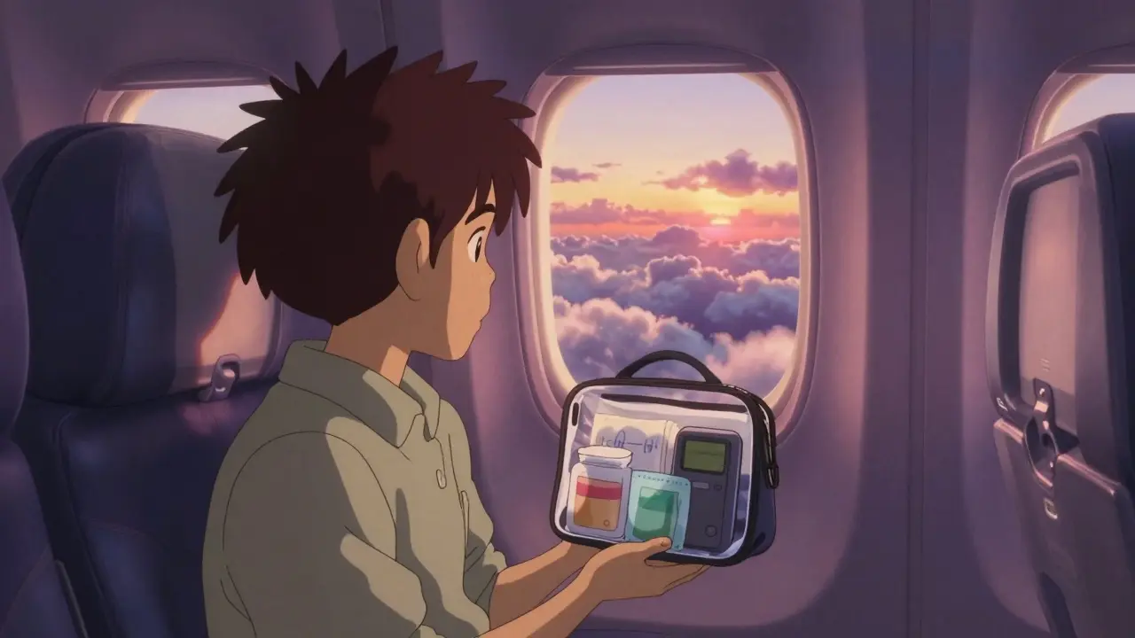 Voyageur dans un avion avec son kit de médicaments pendant un coucher de soleil.