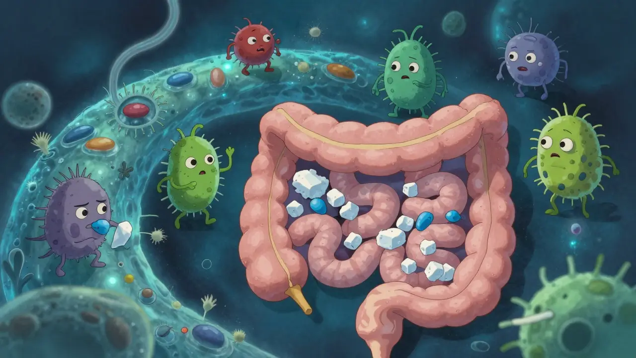 Bactéries intestinales amicales digérant le lactose, style anime