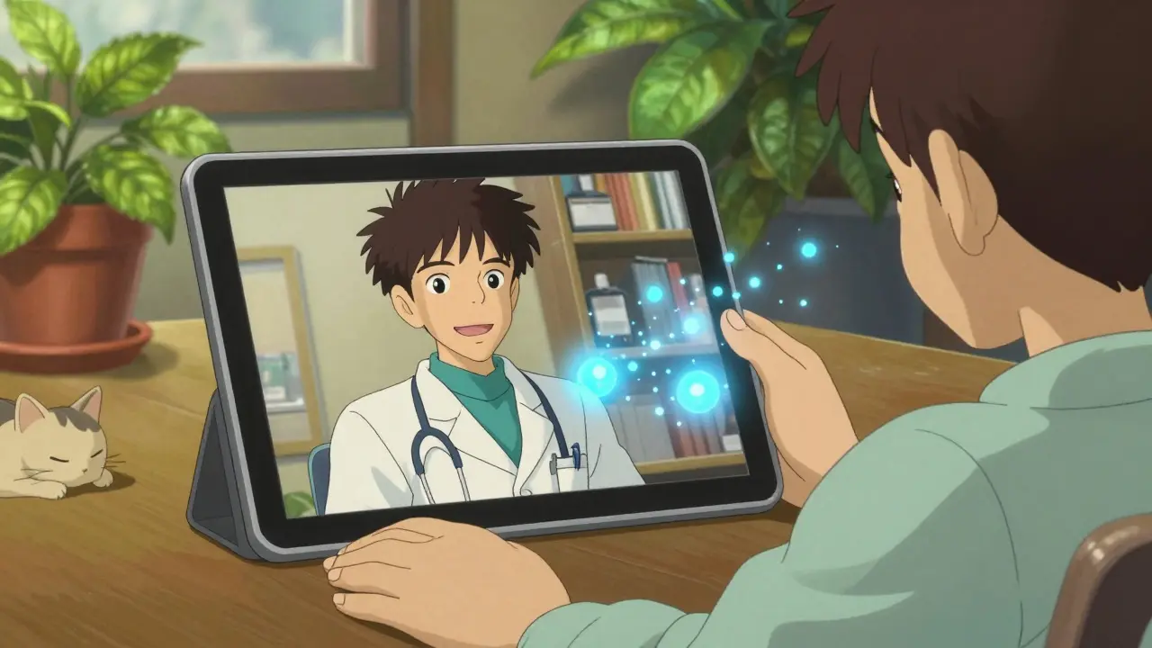 Consultation vidéo avec un médecin sur une tablette dans un intérieur végétalisé et chaleureux