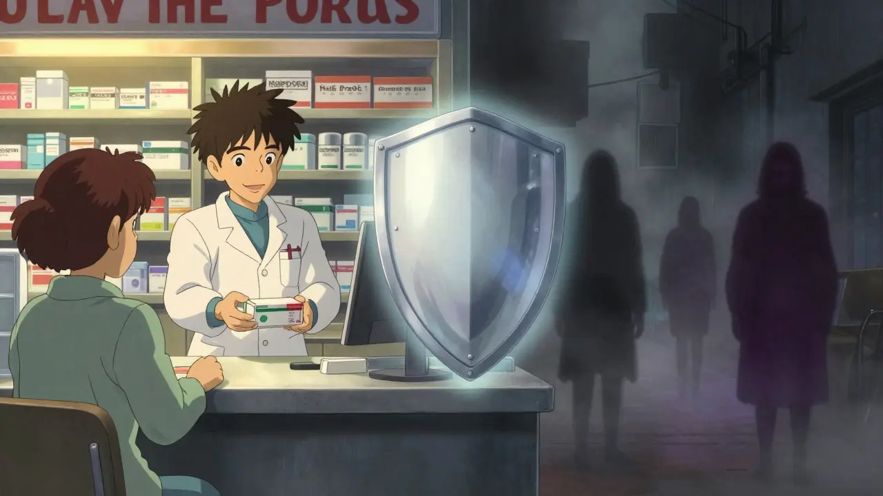 Contraste visuel entre une pharmacie sûre lumineuse et des ombres menaçantes représentant les arnaques