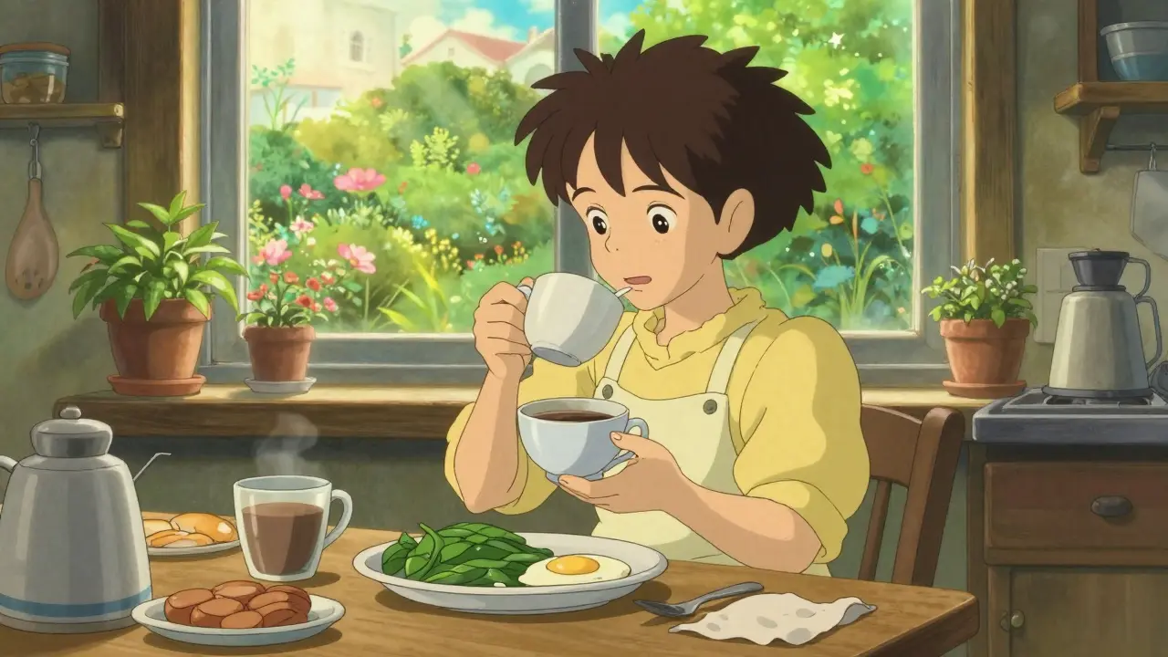 Cuisine lumineuse le matin avec des aliments riches en fer et une atmosphère saine pour le sommeil.