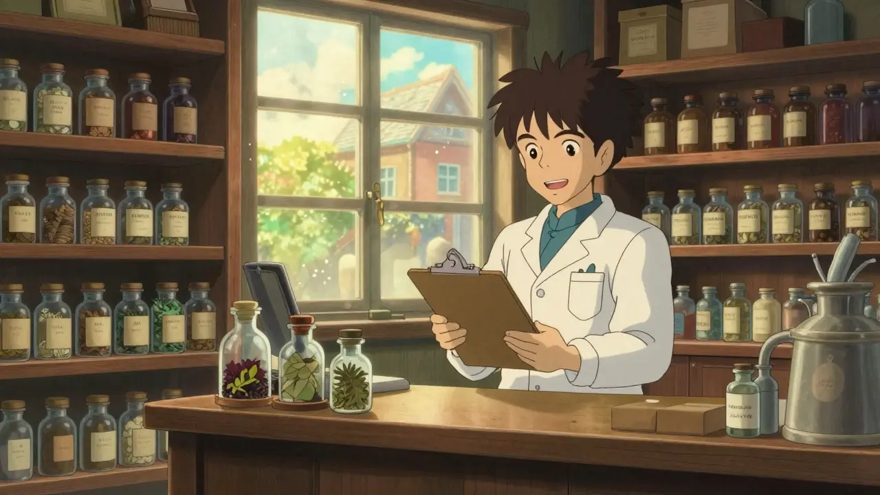 Pharmacie chaleureuse style Ghibli avec un pharmacien vérifiant une ordonnance valide.