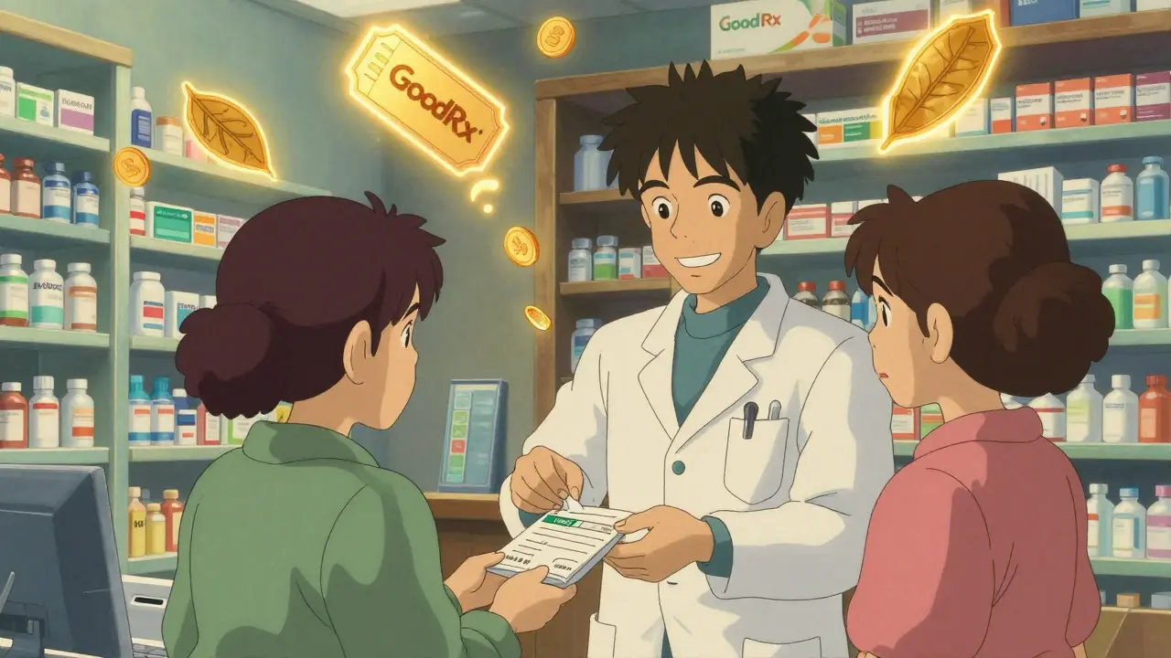 Pharmacien aidant un client avec des coupons de réduction magiques