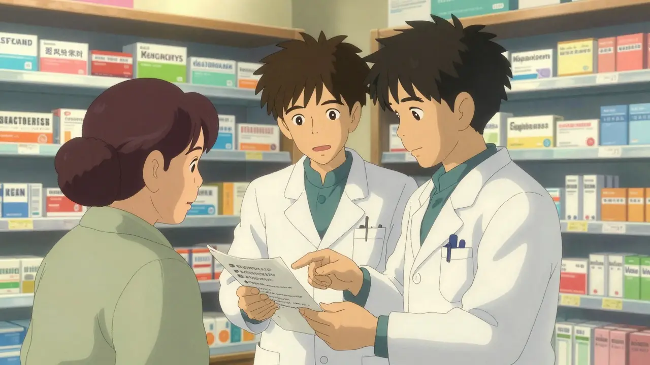 Pharmacien aidant un patient à vérifier sa liste de médicaments dans une pharmacie lumineuse.