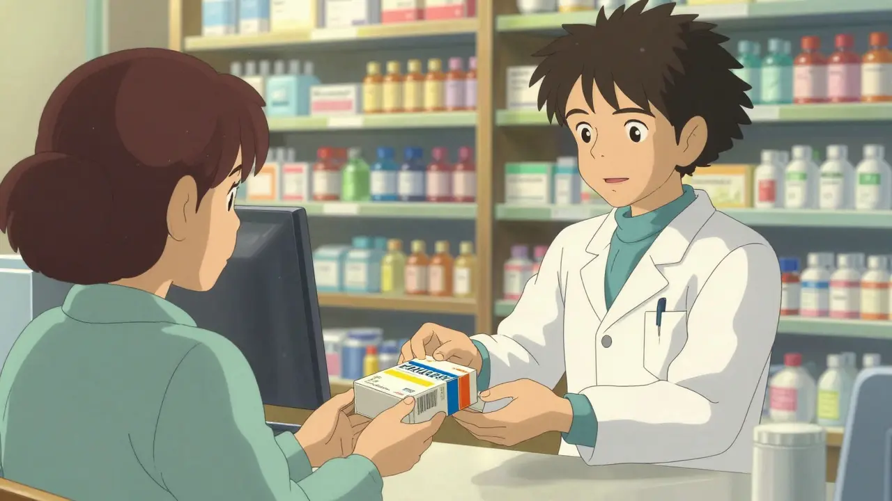 Pharmacien remettant des médicaments à un client dans une officine