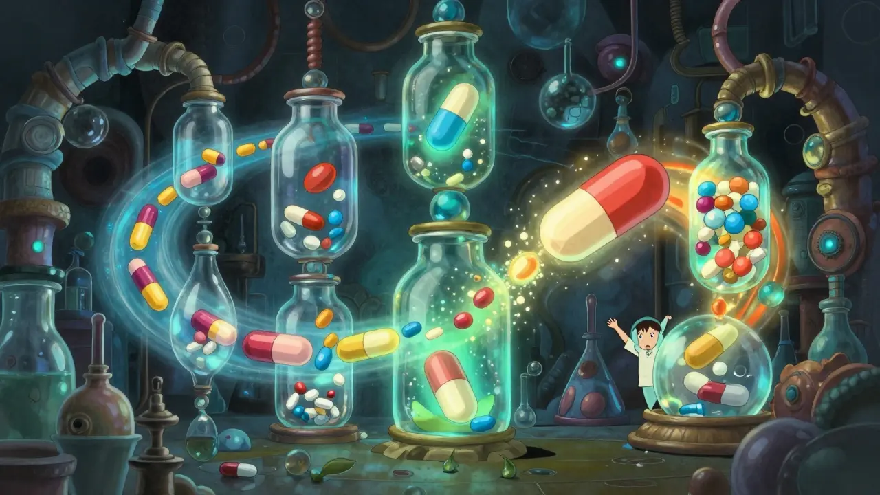 Représentation artistique d'une chaîne de réactions médicamenteuses dangereuses et complexes.