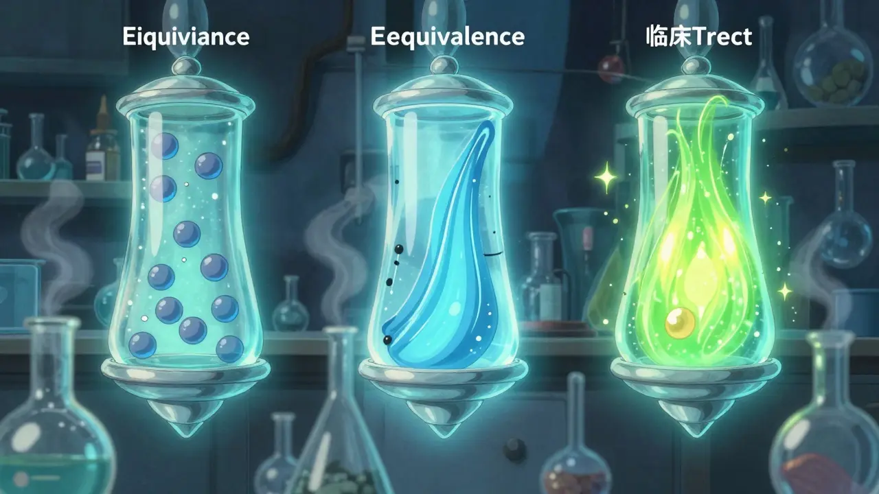 Trois piliers lumineux représentant les étapes scientifiques de l'équivalence thérapeutique.