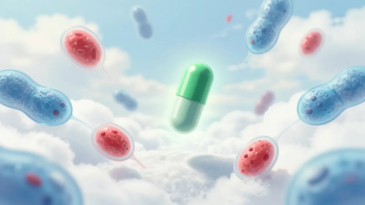 Capsule technologique flottant parmi des cellules qui guérissent dans un ciel serein