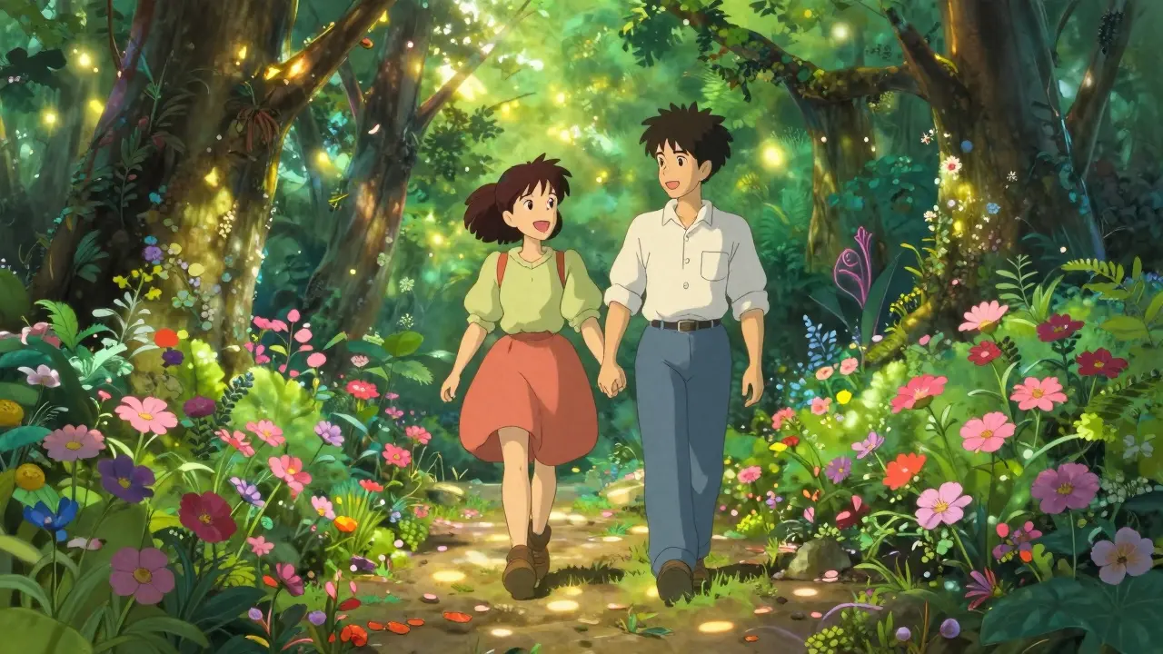 Couple heureux marchant main dans la main dans une forêt florissante et magique