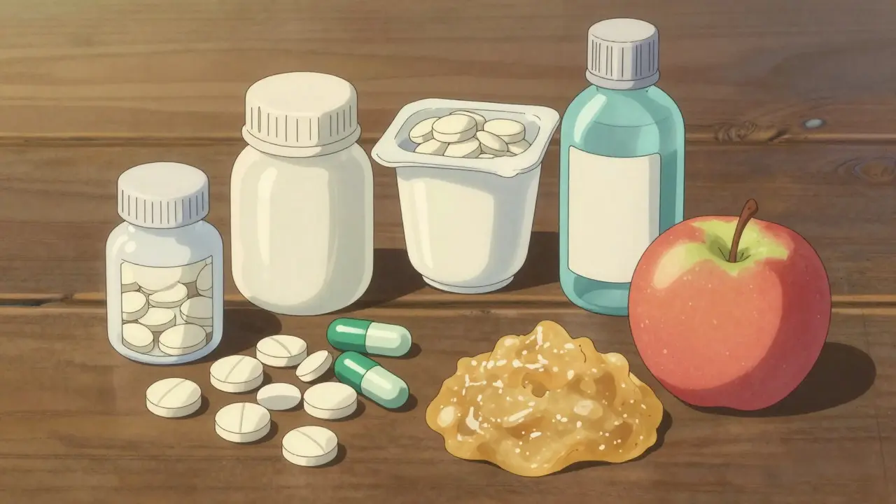 Différentes formes de topiramate disposées avec des aliments doux pour la prise