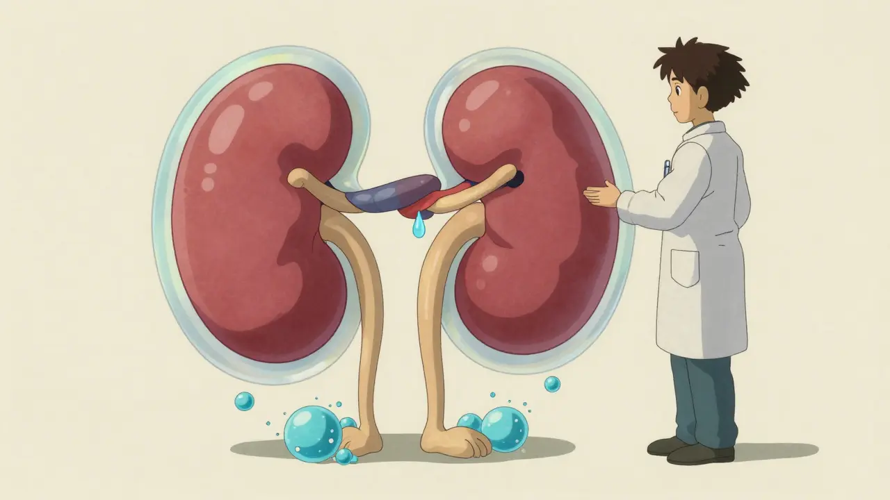 Illustration médicale stylisée montrant les reins retenant l'eau et le sodium