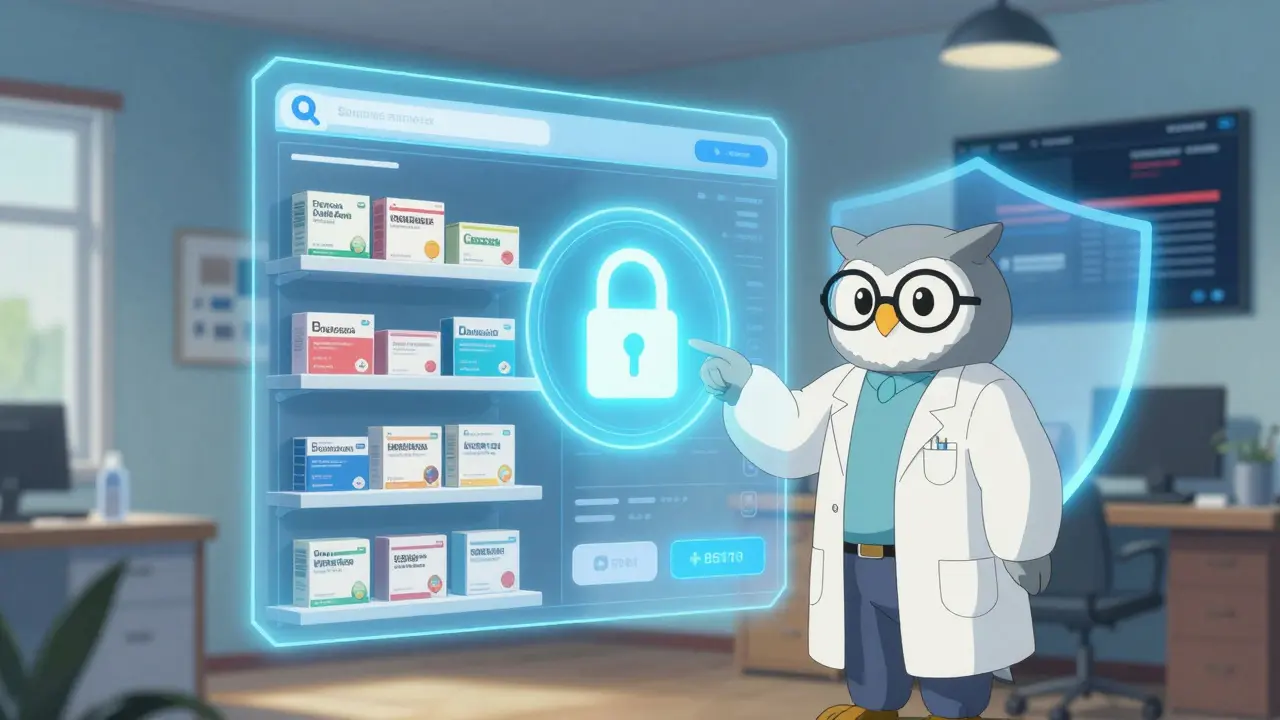 Pharmacie en ligne sûre illustrée avec un hibou pharmacien et des lumières protectrices
