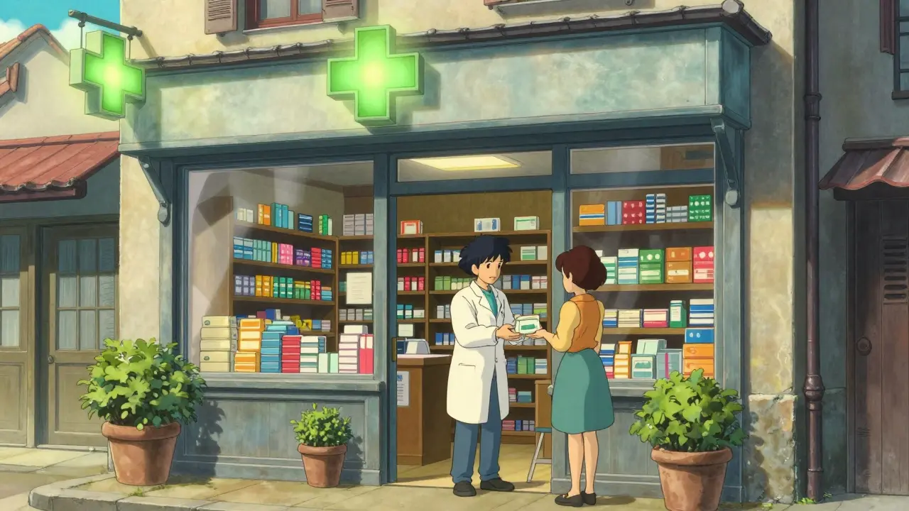 Pharmacien remettant un médicament à un client devant une pharmacie française