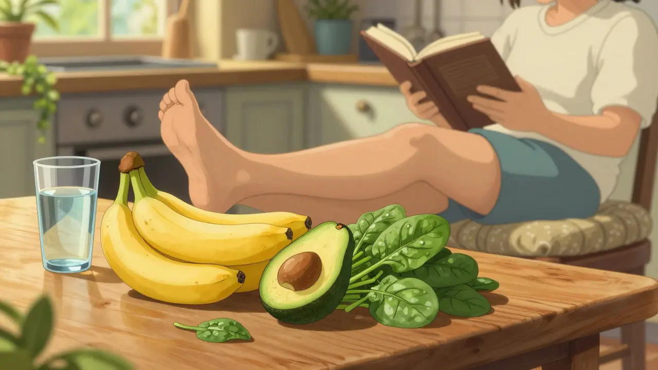 Scène culinaire saine avec fruits riches en potassium et jambes surélevées