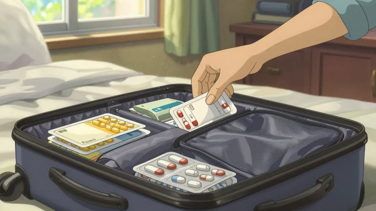 Voyageur range ses médicaments dans sa valise