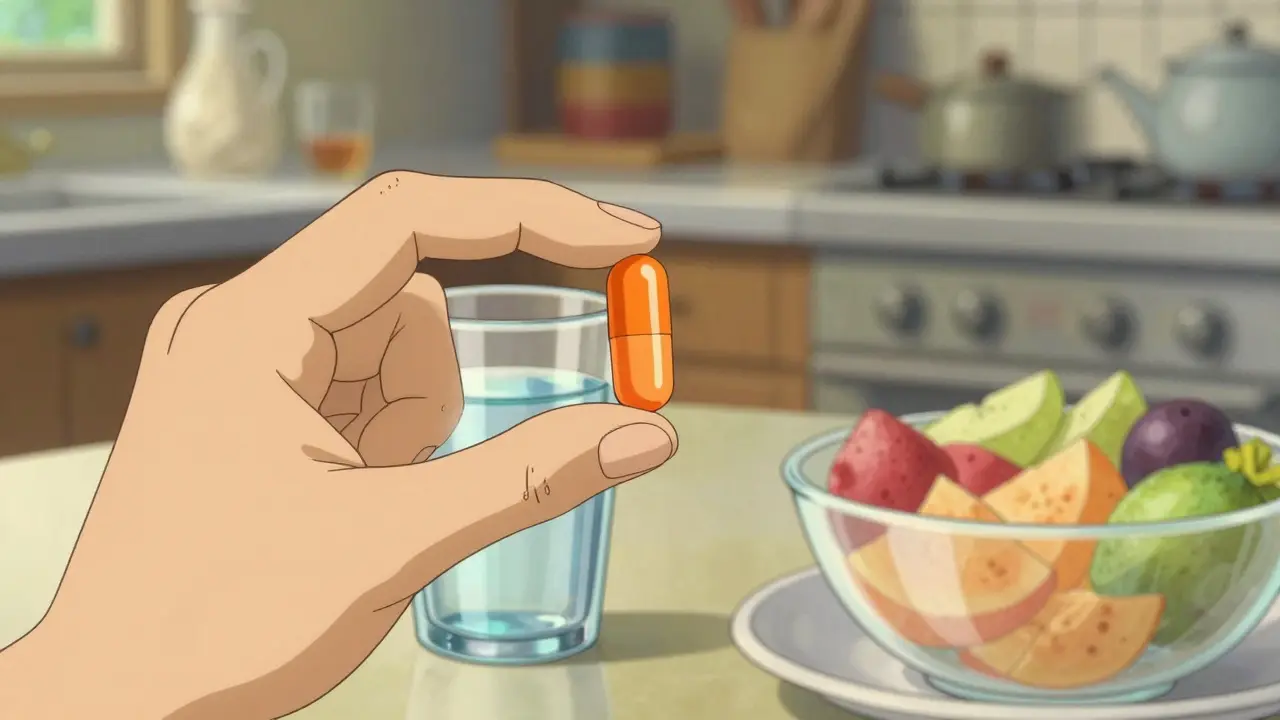 Capsule de médicament tenue avec un verre d'eau et un petit-déjeuner sain
