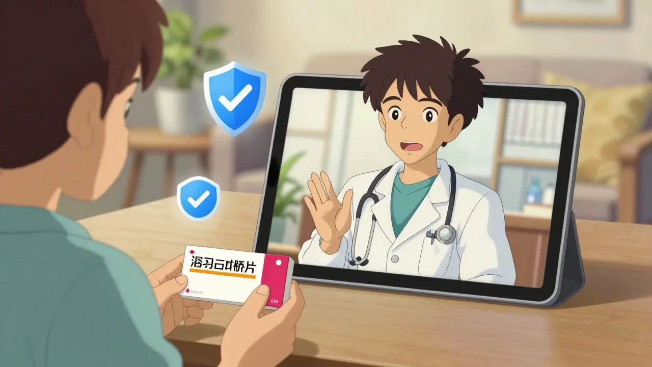 Consultation de télémédecine sécurisée avec un médecin et une boîte d'isotrétinoïne générique sur la table.