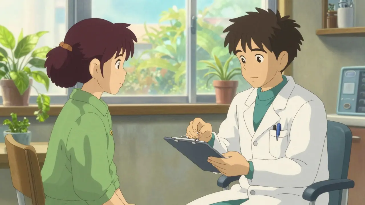 Consultation médicale rassurante entre un docteur et un patient dans un cabinet lumineux.