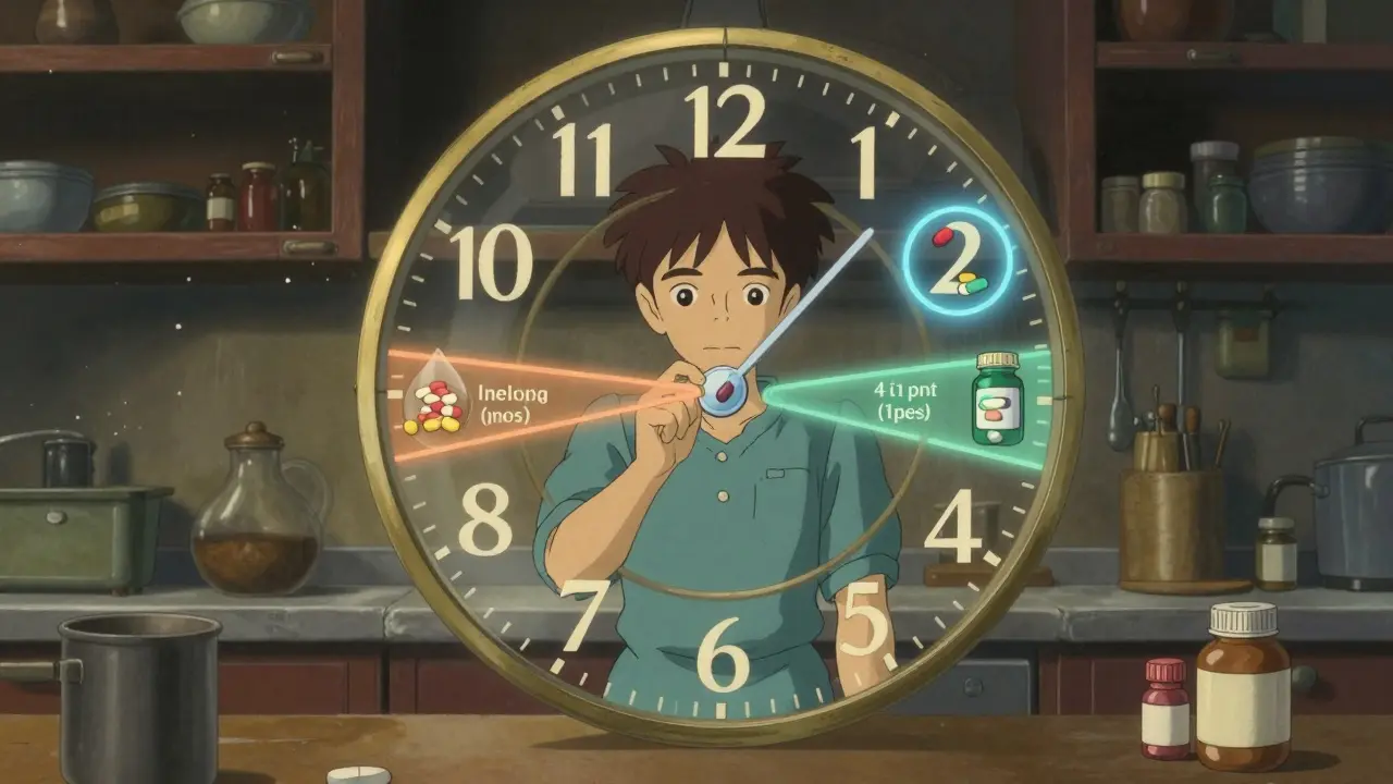 Illustration Studio Ghibli représentant un calendrier complexe pour espacer la prise des médicaments et éviter les interactions.