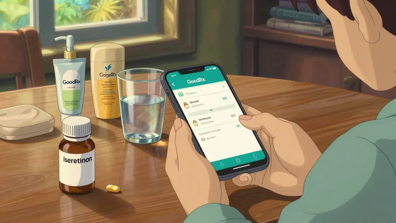 Personne utilisant son téléphone pour comparer les prix des médicaments et appliquer des coupons en ligne.