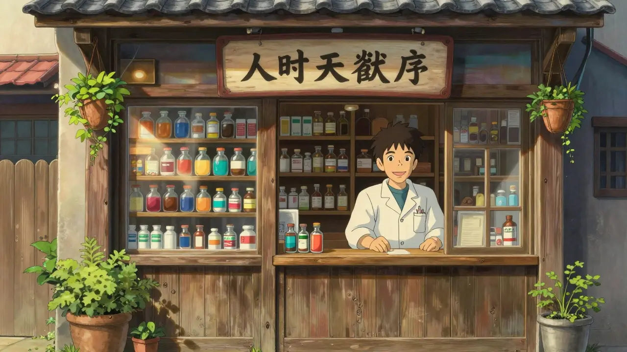 Pharmacie traditionnelle accueillante et sécurisée avec des remèdes