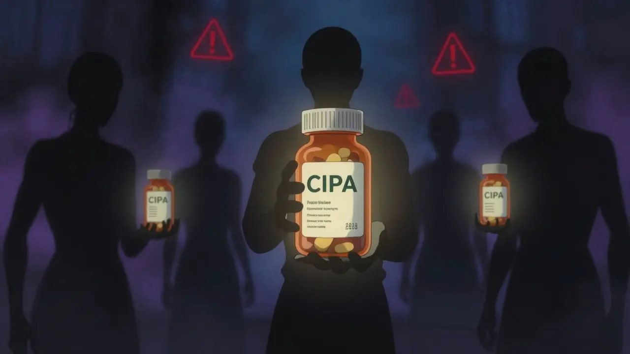 Représentation sombre des risques des pharmacies en ligne non certifiées et dangereuses.