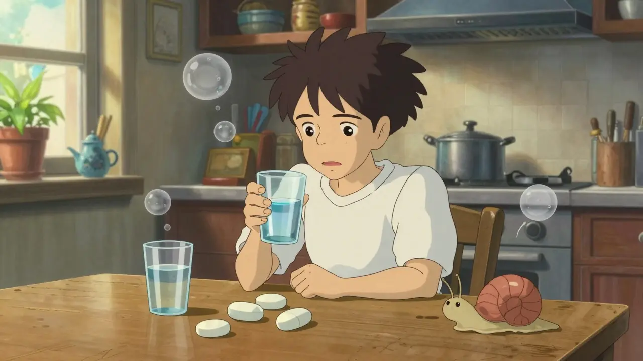 Scène Studio Ghibli d'un patient avec des pilules volumineuses et des bulles de gaz symbolisant les effets secondaires digestifs.