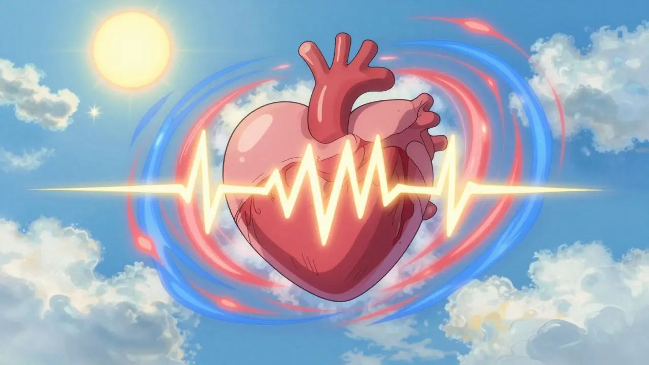 Cœur vibrant et flux d'énergie symbolisant la circulation sanguine